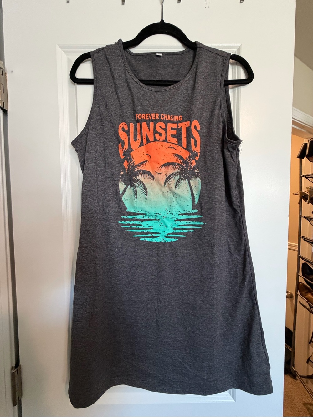 Women's Charcoal Graphic Tank Dress - Sunset Print